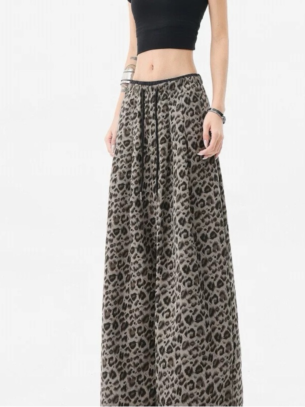 Leopard Print Wide-Leg Pants - Beige & Black